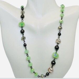 Vintage Lime Green Faceted Glass Sparkly Beaded Gunmetal Station Necklace 40”
